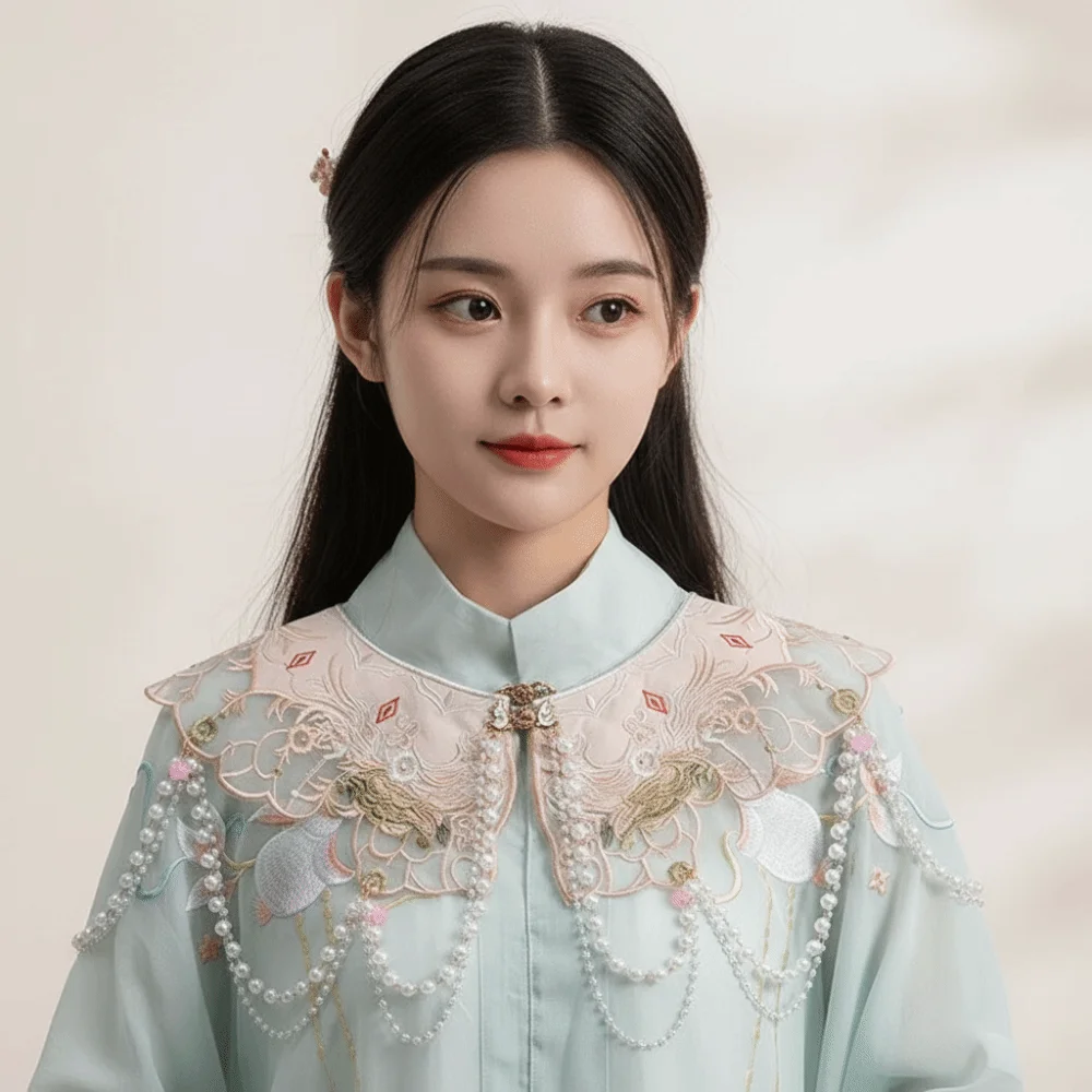 

Китайский воротник Ханьфу с жемчугом и цветочным узором, юбка «лошадиная мордочка», воротник «Юньцзянь», вышивка, дизайн с кисточками