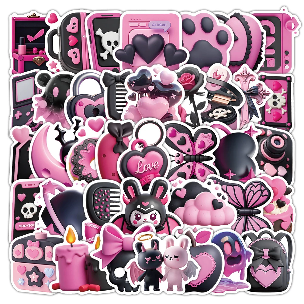 

10/30/50pcs INS Style 3D Black and Pink Cartoon Stickers Aesthetic Decals Stationery Fridge Luggage Cute Cartoon Kid Sticker Toy