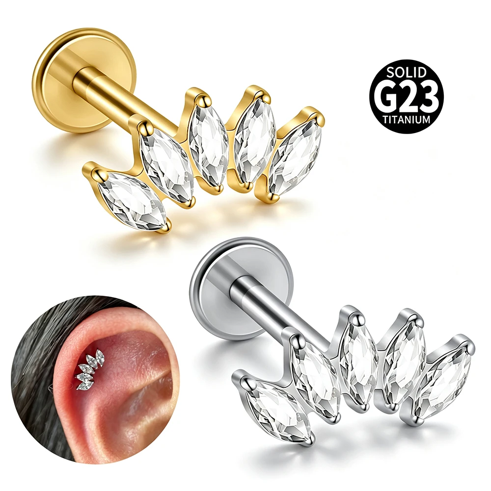 16G ASTM F136 G23 Titanium Internal‑Thread Five Marquise Zircon Curved Cartilage Stud Tragus Helix Conch Labret Piercing Jewelry