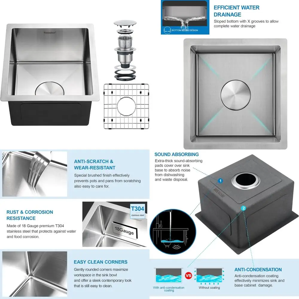 

13x15 Inch Undermount Bar Sink, Stainless Steel Single Bowl for Small Kitchens, Handcrafted with Grid, Ideal for RVs and Campers