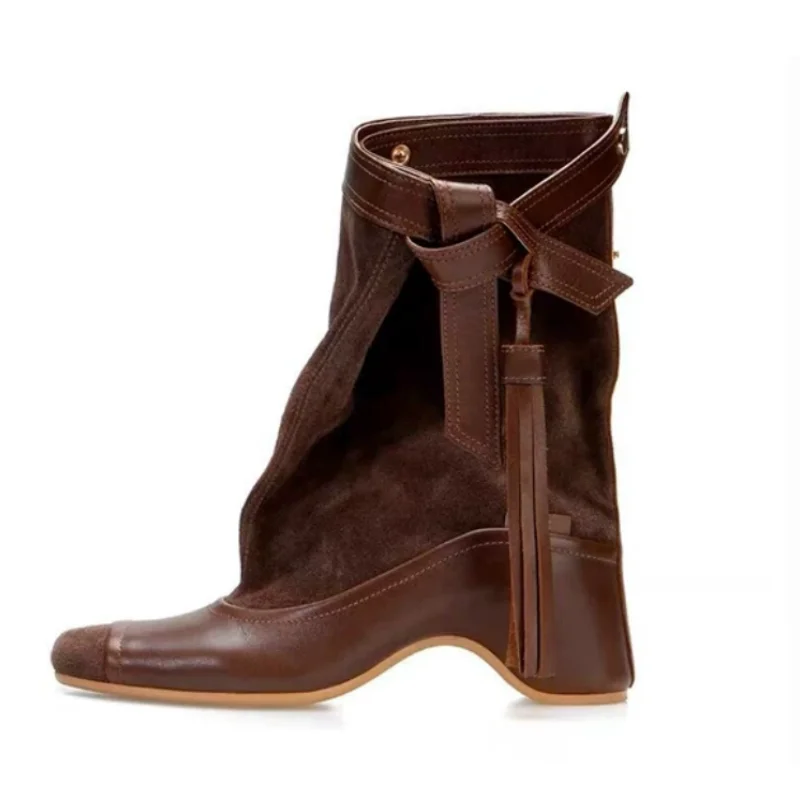 Stitching Shoes for Womens Square Toe Chunky Mid Heels Mixed Colors Female Short Boots Pleated Ladies Sewing Lines Zapatos Mujer