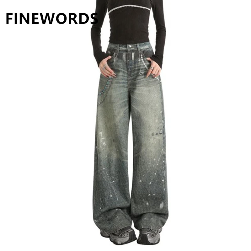 

FINEWORDS Ретро джинсы с высокой талией и принтом женские широкие корейские джинсы уличная одежда Harajuku полная длина мешковатые потертые джинсы