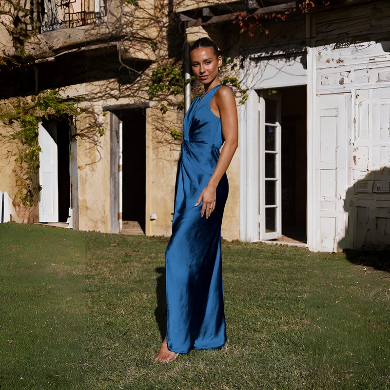 

Sleeveless V-Neck Dress Maxi Dress Dropped Shoulder Silky Blue Dress For Bridesmaid Wedding Party Guest Dress Long