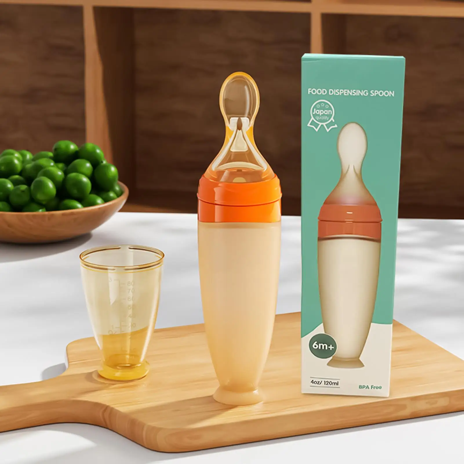 سيليكون الطفل الغذاء الاستغناء ملعقة مقاومة للحرارة ضغط موزع مع قاعدة واقفة ضغط ملاعق التغذية مع كوب الشفط #4