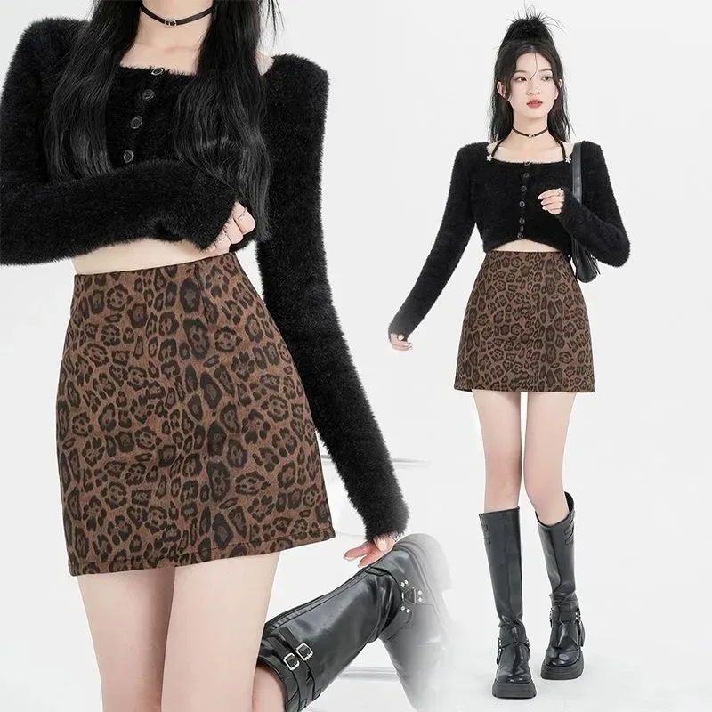 ヒョウ柄 A ラインスカート秋冬新作スカート露出防止ホットガールハイウエストショートスカートレディースファッションショートスカート