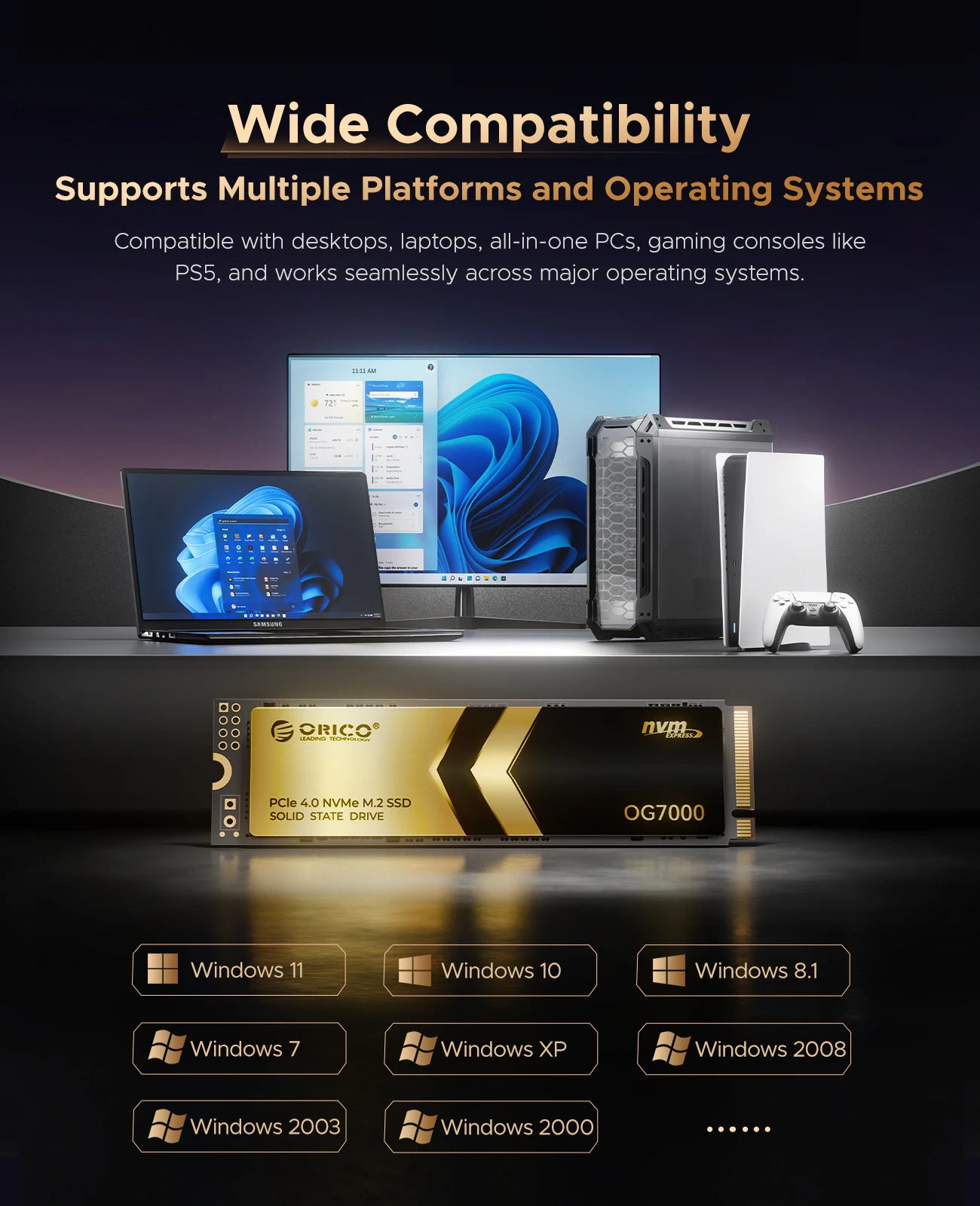 ORICO OG7000 1TB 2TB PCIe Gen4 NVMe SSD, hasta 7400 MB/s, solución térmica de grafeno, ideal para edición de vídeo 4K Renderismo 3D PS5