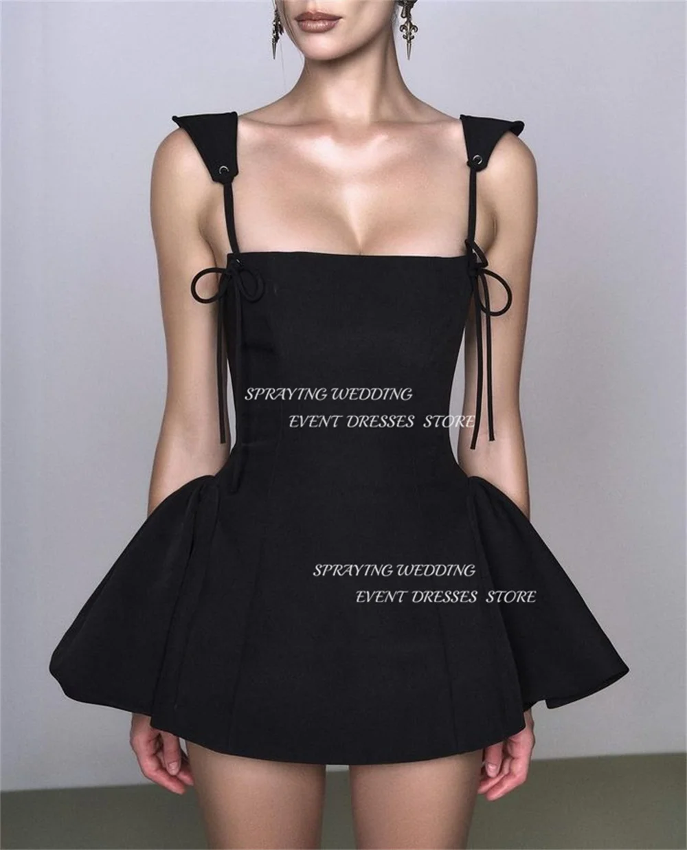 SPRAYING Black Dresses Custom Made Above Knee Mini Dresses Spaghetti Straps A-line Lace-up Party Gown Short Evening Dresses