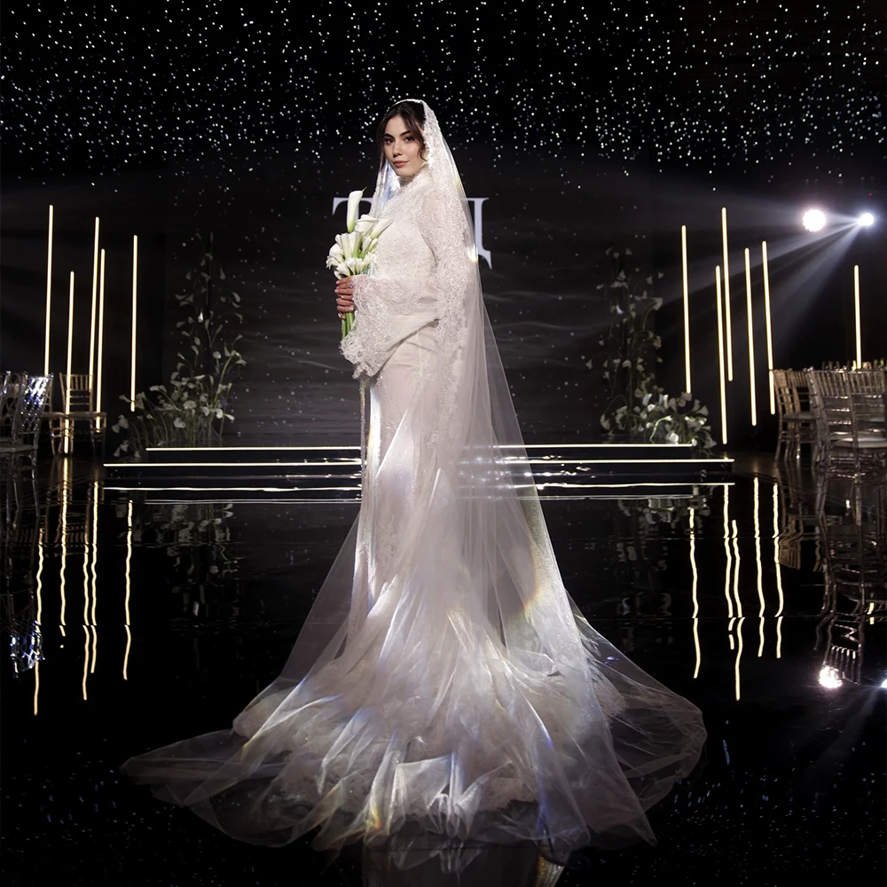 

Graceful Lace Wedding Dresses High Neck Long Flare Sleeve Bride Dress Mermaid Sweep Train Braid Gown Customized robe de mariée