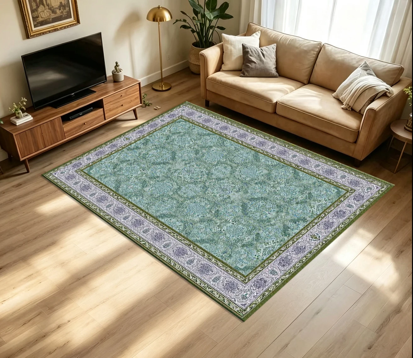 Green Vintage Ornate Floral Medallion Border Carpet Flooring Traditional Oriental Home Rug