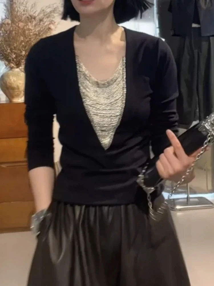 Maglia a Maniche Lunghe Slim Fit con Scollo a V per Donna, Strato Base Versatile e alla Moda, Nuovo Arrivo Autunnale Traspirante in Stile Coreano