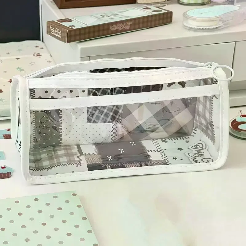 Vintage Plaid Transparent Pencil Case Large Capacity Student Stationery Zipper Pen Bag Storage Bag Ins Transparent Pencil Case