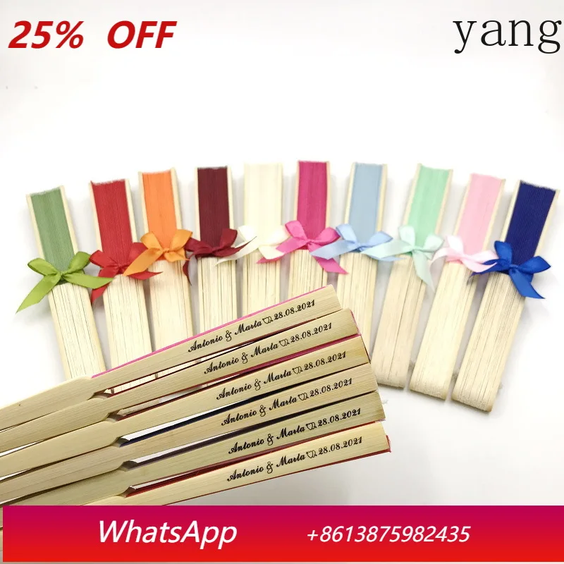 

20/24/30PCS Wedding Held Hand Fan with Ribbon Bow Custom Printing Bride&Groom's Name and Date Bamboo Folding Silk Fabric Fans