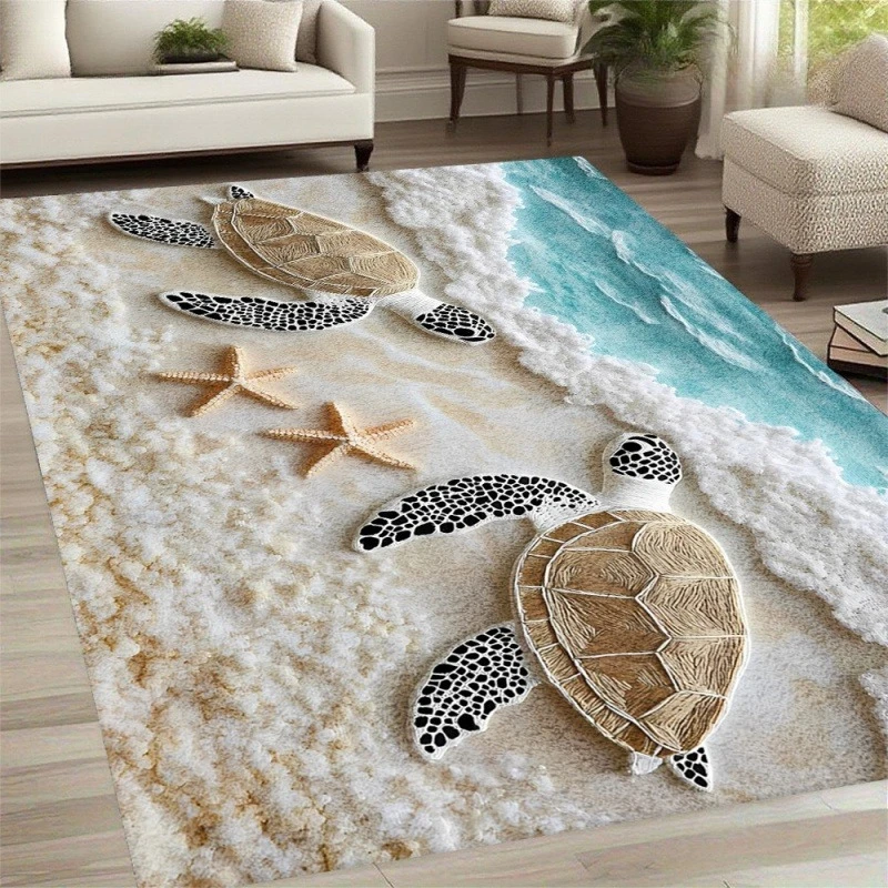 Sea Turtle Starfish Sandy Beach Wave Print Large Area Rug Soft Flannel Non Slip Floor Carpet for Living Room Home Decor