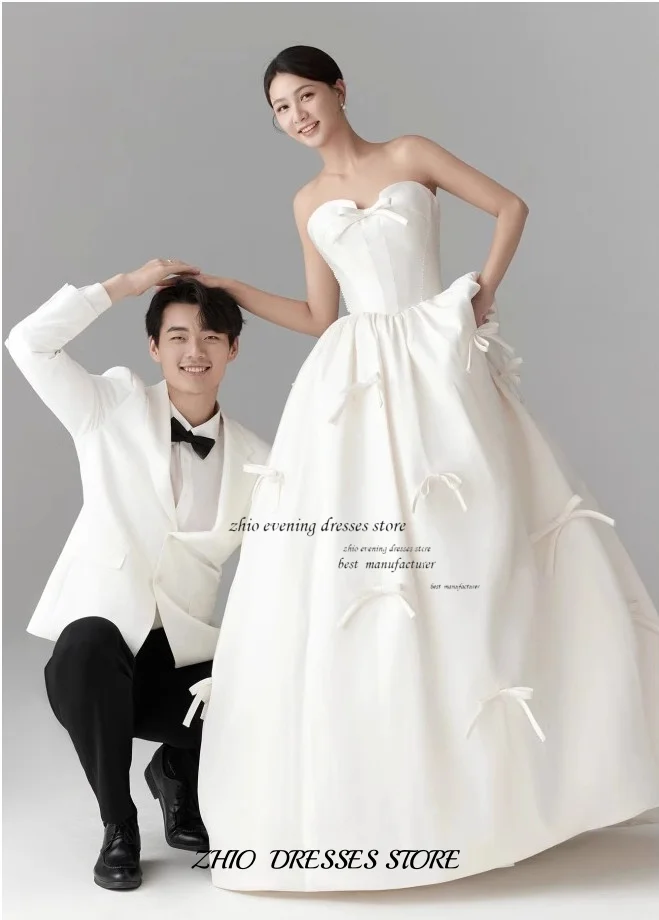 ZHIO Elegant Off-shoulder Korea Wedding Dresses Photo Shoot Customized Pleats Satin A Line Bow Ribbons Bridal Gown