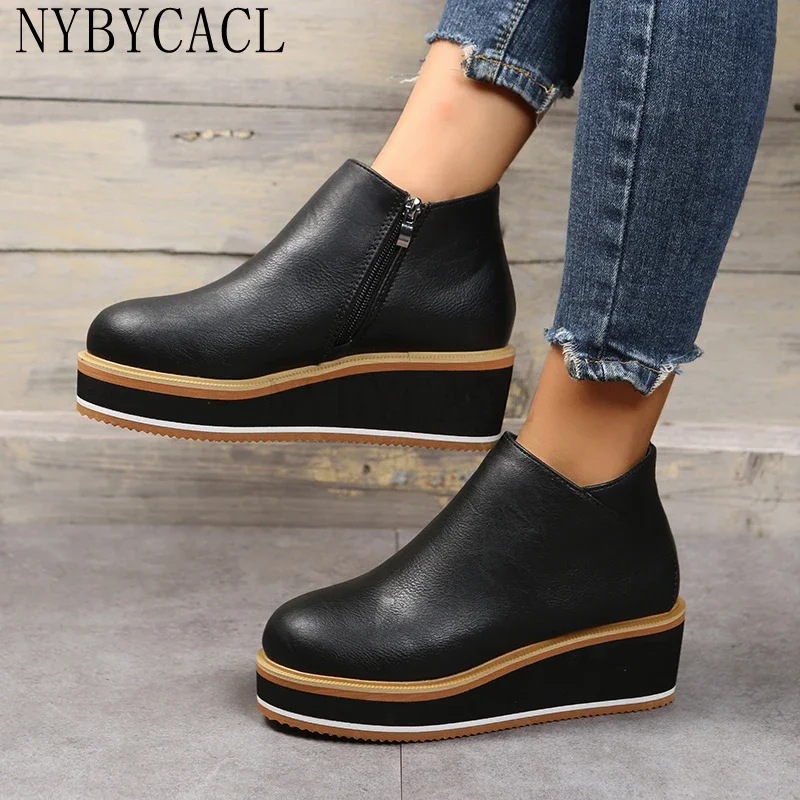 Ladies Platform Ankle Boots Fashion Autumn and Winter Solid Color zipper Thick-soled Snow Boots Comfortable Outdoor Short Boots