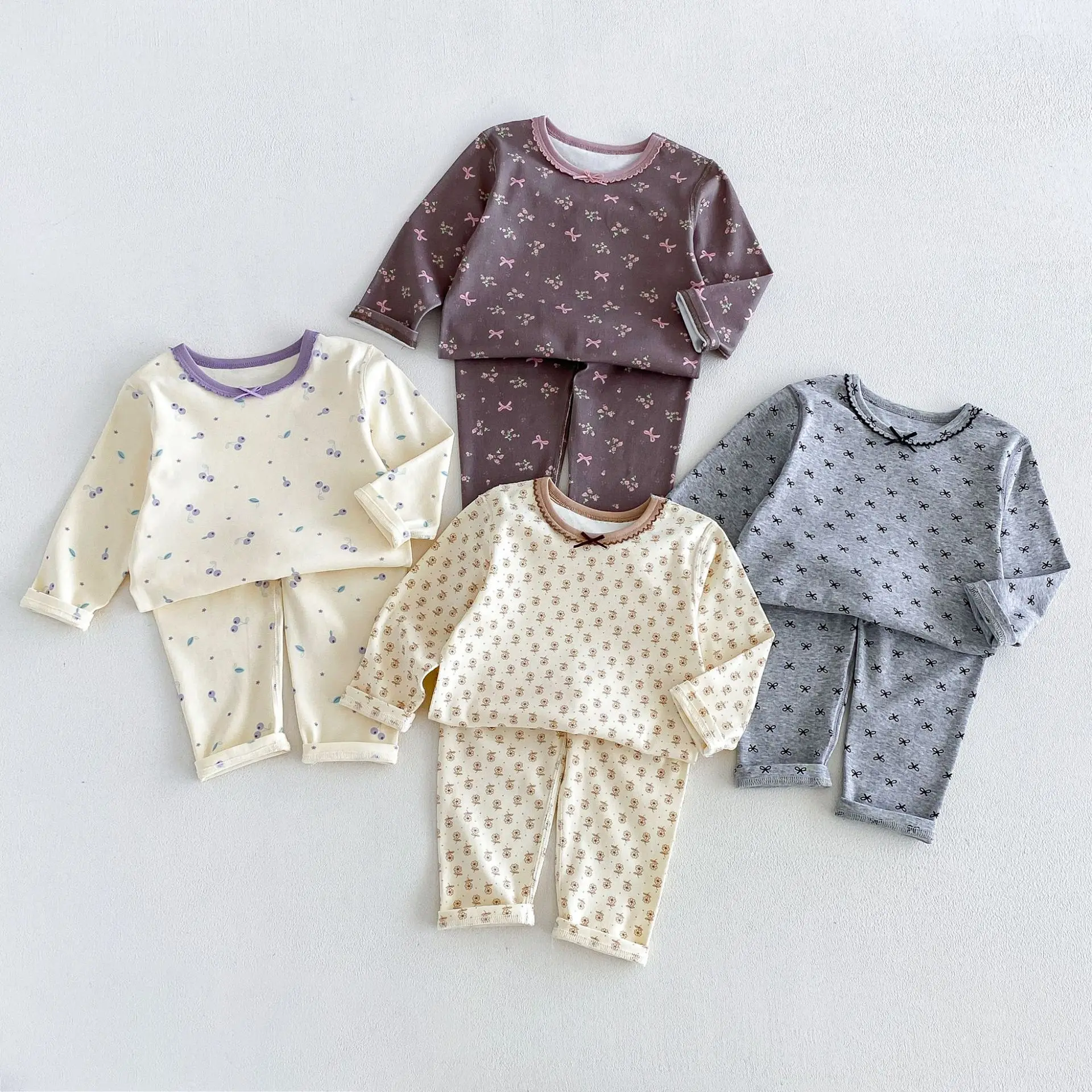 Girls A Class Seamless Loungewear Set Fall Winter Baby Girl All Over Floral Thermal Underwear Two Piece Set