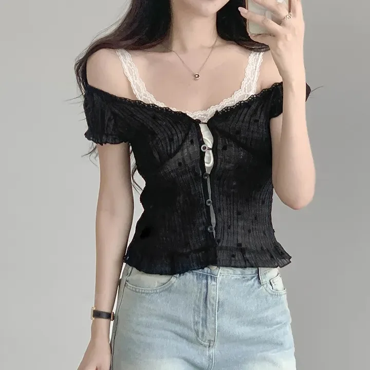 Korean Style Versatile Lace Patchwork Sweet Texture Casual Slimming V-Neck Single Button Short Sleeve Shirt Women