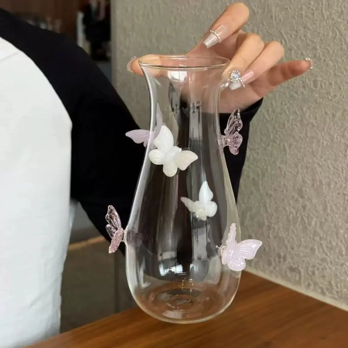 Colorful Handmade 3D Butterfly Glass Vase Water Cultured Fresh Flowers, Transparent Glass Bottle Desk Decoration Wine Container