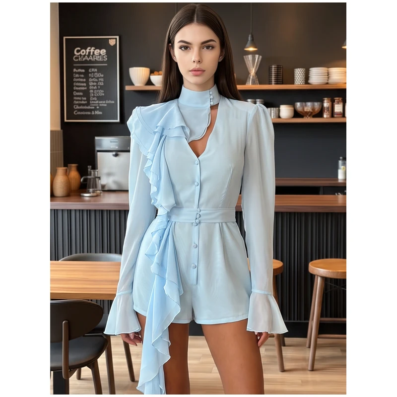 2026 Light Blue Ruffled Chiffon Dress V-neck Puff Long Sleeve Flutter Waist-cinching Mini Dresses Date Vacation Fashion Vestidos