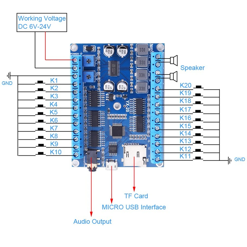 DC 6V-24V Voice Power Amplifier Board 20-Channel Low Level Trigger Stereo 25W*2 128MBit Music Controller Next/Prev/Random Player