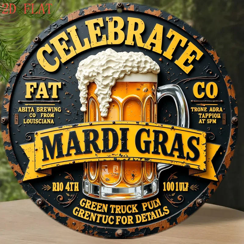 1pc 8-Inch Mardi Gras Metal Wall Sign with Beer Mug Design - Vibrant New Orleans Party Decor, Fat Tuesday Celebration Art