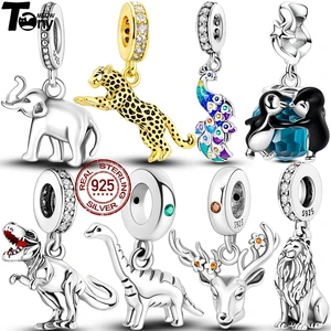 Pulsera original Fit 925 Sterling Silver Wild Animal Tiger Leopardo Lion Elephant Charm Bead Party for Women Diy Jelwelry Regalo 6 mejores cuentas de elefantes de ventas - №5