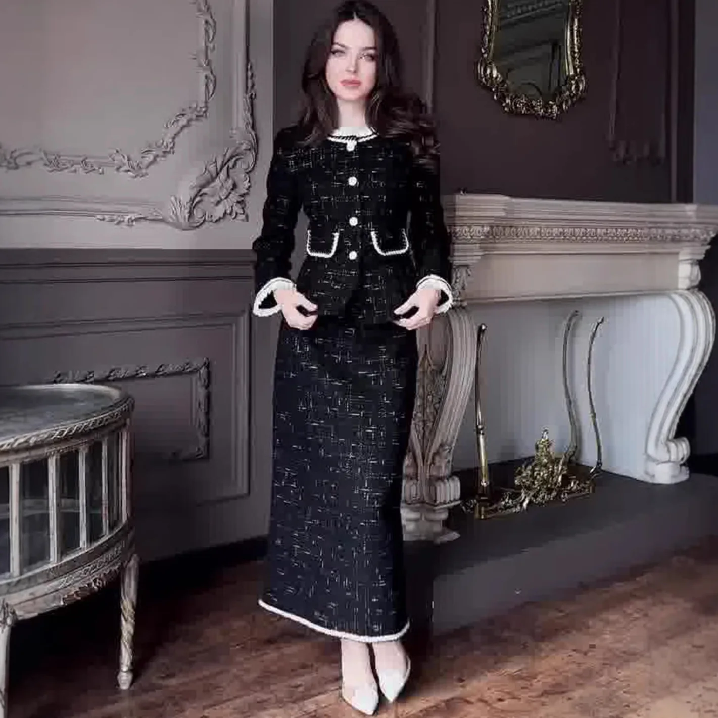Cross-Border Fashion Tweed Matching Set Elegant Women Suit Spring Summer