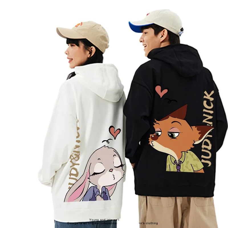 Different Couples Bunny Judy Hopps Fox Nick Wilde Hooded Pullover Sweater  Jacket Casual Cartoon Pattern Loose Comfortable