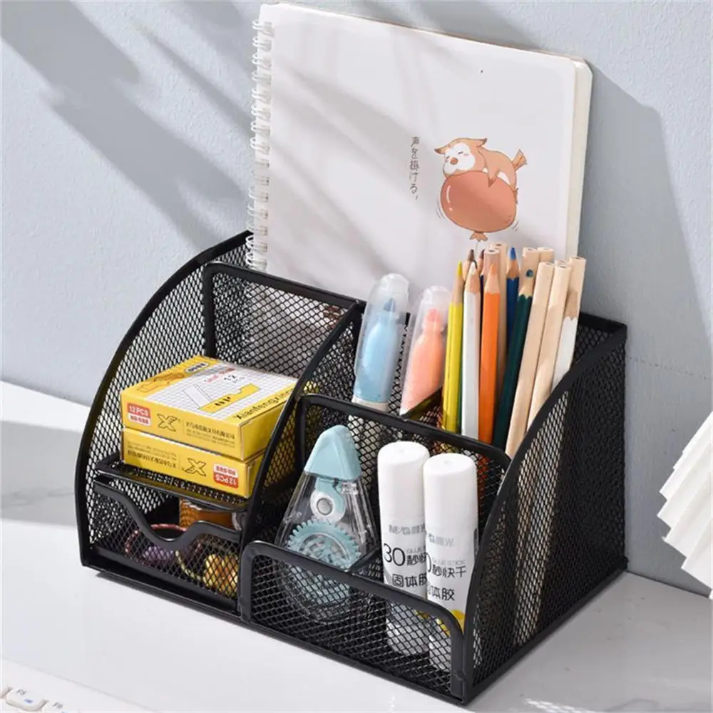 Desktop Storage Box Metal Mesh Square Storage Rack Pencil Pen Holder Large Capacity Stationery Organizer School Office Supplies