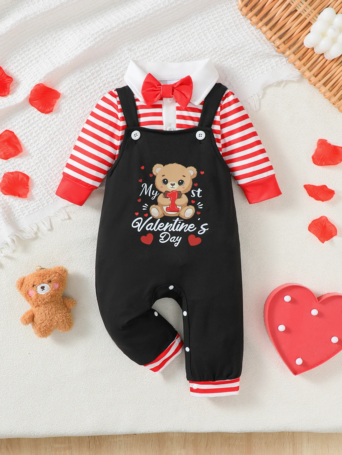 Valentine's Day Baby Boy Suit Set Long Sleeve Onesie + Tie + Bear Print Overalls Casual Comfortable Little Gentleman 3PCS Set