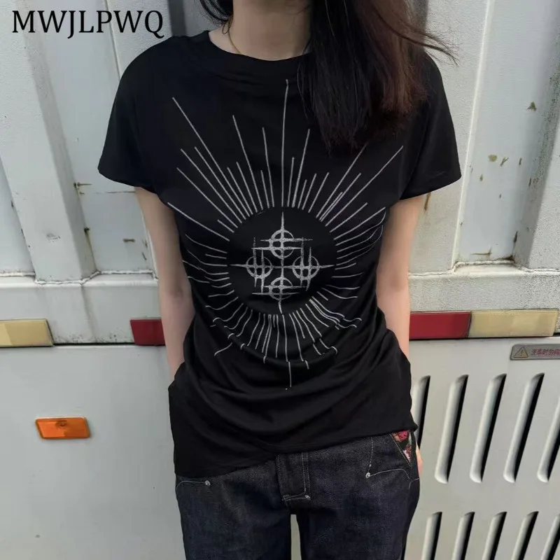 

MWJLPWQ Niche Dark Irregular Hem Design T-shirts Mlae High Street Short Sleeve Printed Fashion Hiphop Clothing Unisex Tops 11374