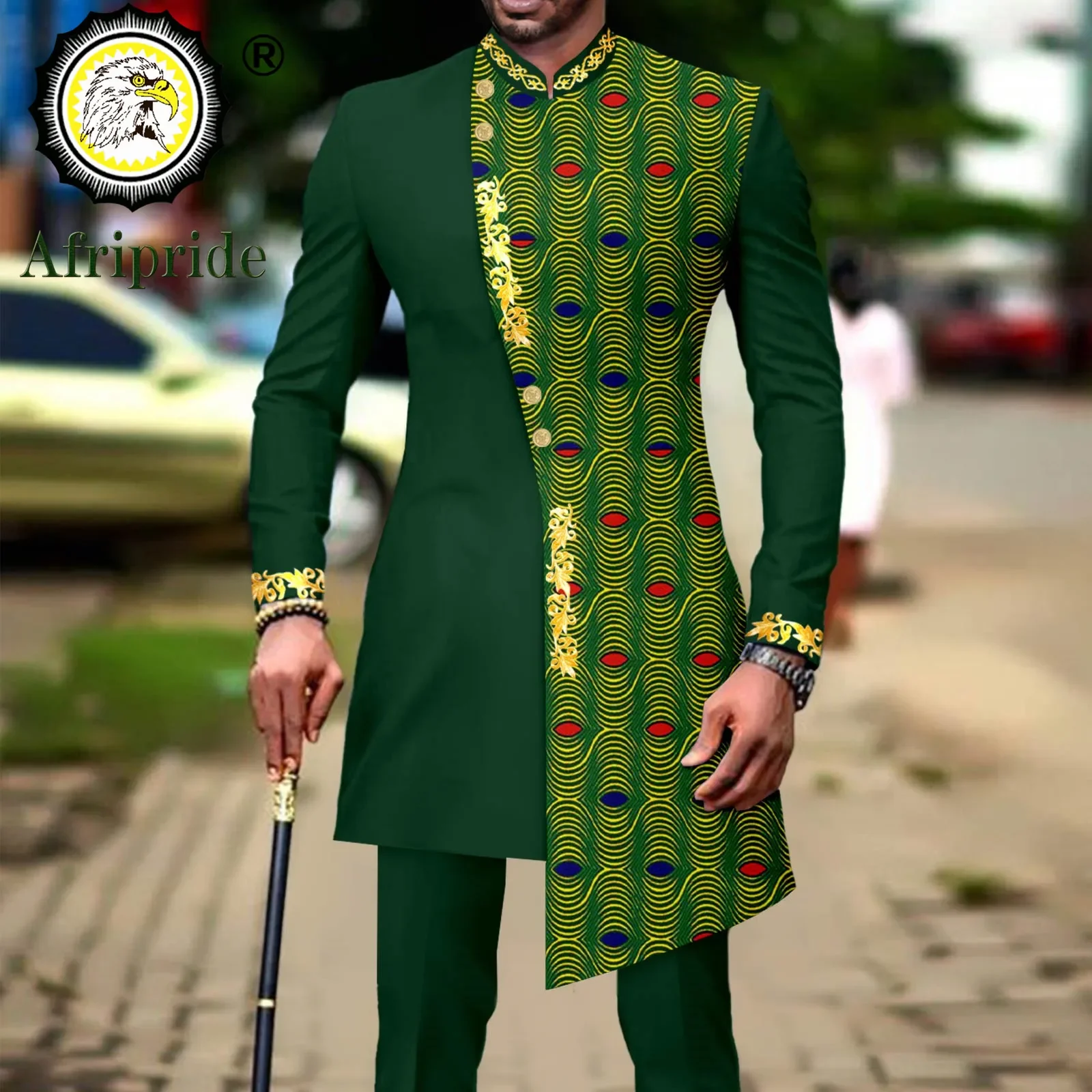 Traje de negocios para hombre, ropa africana, Blazer y pantalones con estampado bordado de un solo pecho, conjunto de 2 piezas, trajes Dashiki,