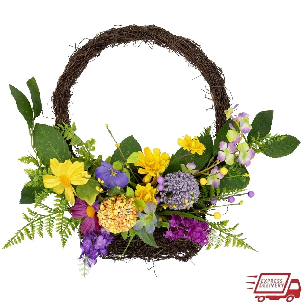 

Подвесная настенная корзина со смешанными полевыми цветами, весенний декор с зелеными листвами и ягодами, домашний офис, использование в помещении, 16 дюймов