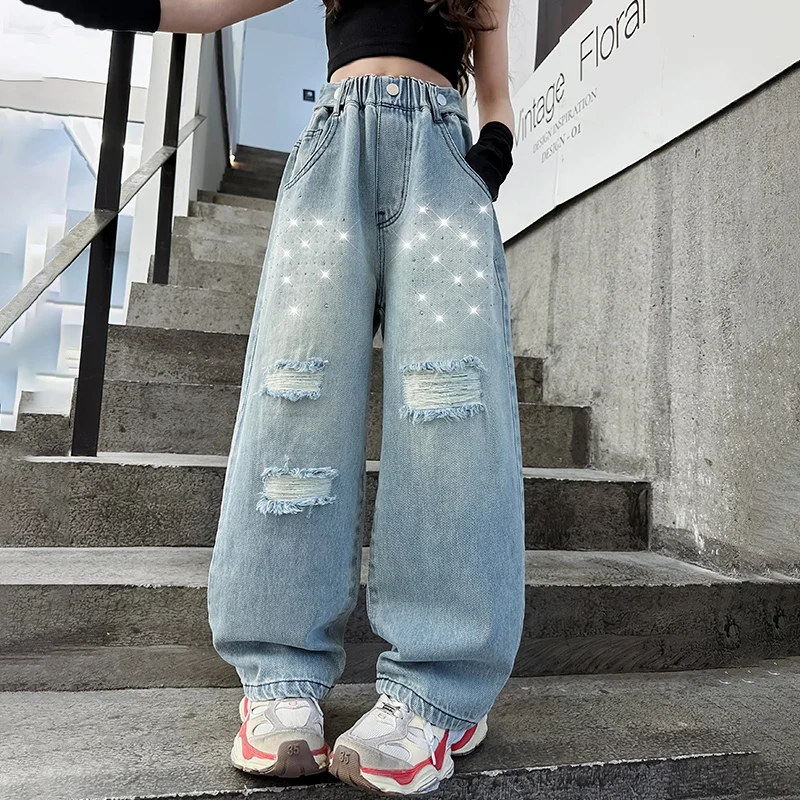 

Girls Pants Spring Autumn Teenager Ripped Jeans Girls Hole Wide leg Pants 8 10 12 Yrs Street Children Casual Jeans Kids Toursers