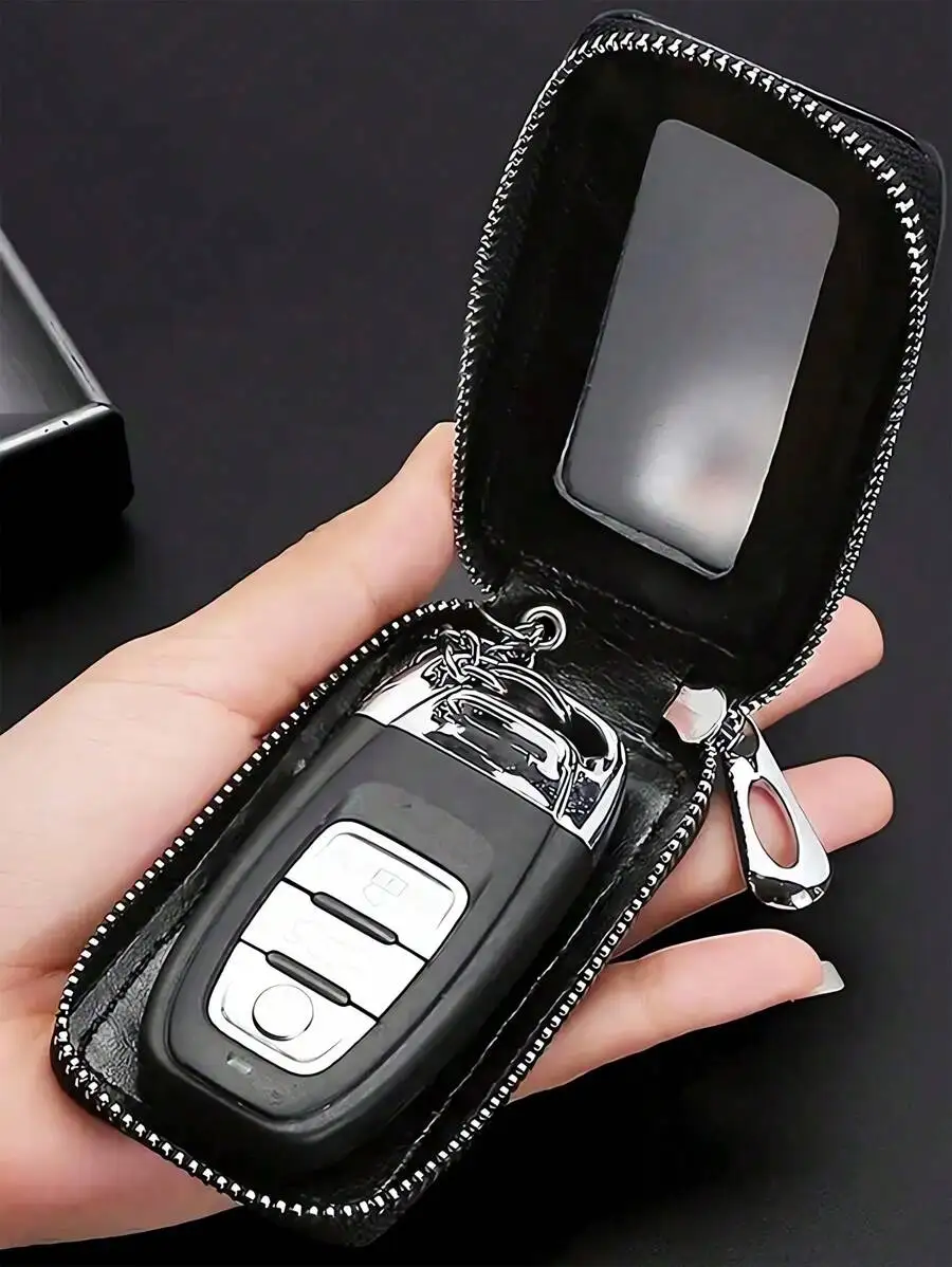 

Black PU Leather Car Key Case with Zipper and Remote Access Slot