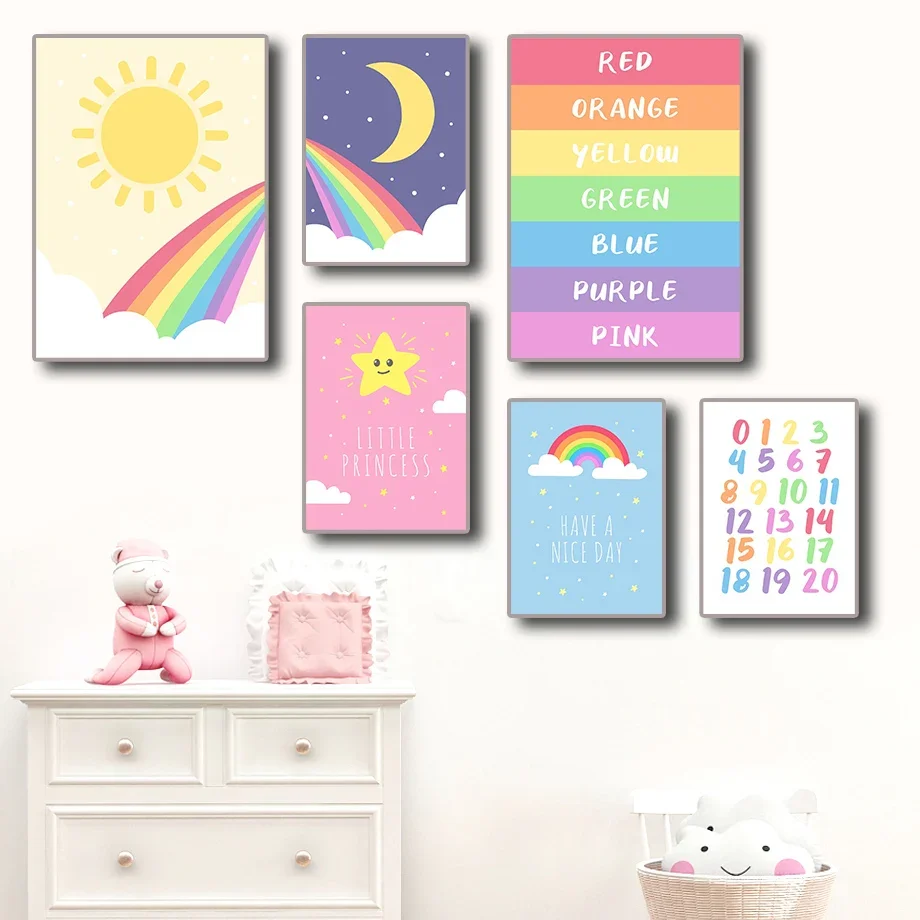 1PC Frameless  Nordic Kawaii Stars Moon Rainbow Alphabet Colorful Cartoon Wall Art Aesthetics Print Canvas Painting Posters for