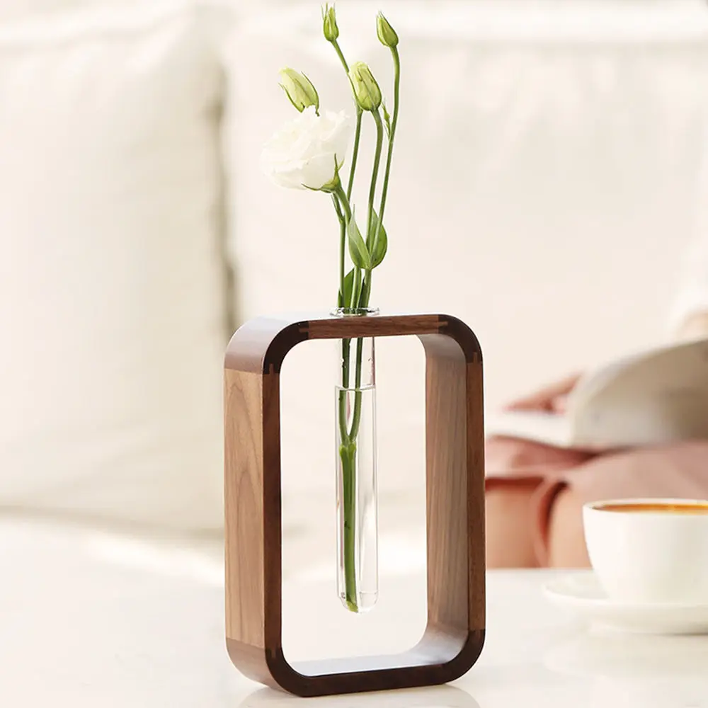 

Walnut Wooden Tube Vase Transparent Glass Tabletop Decoration Flower Vessel Living Room Bedroom Office Water Planters Home Decor