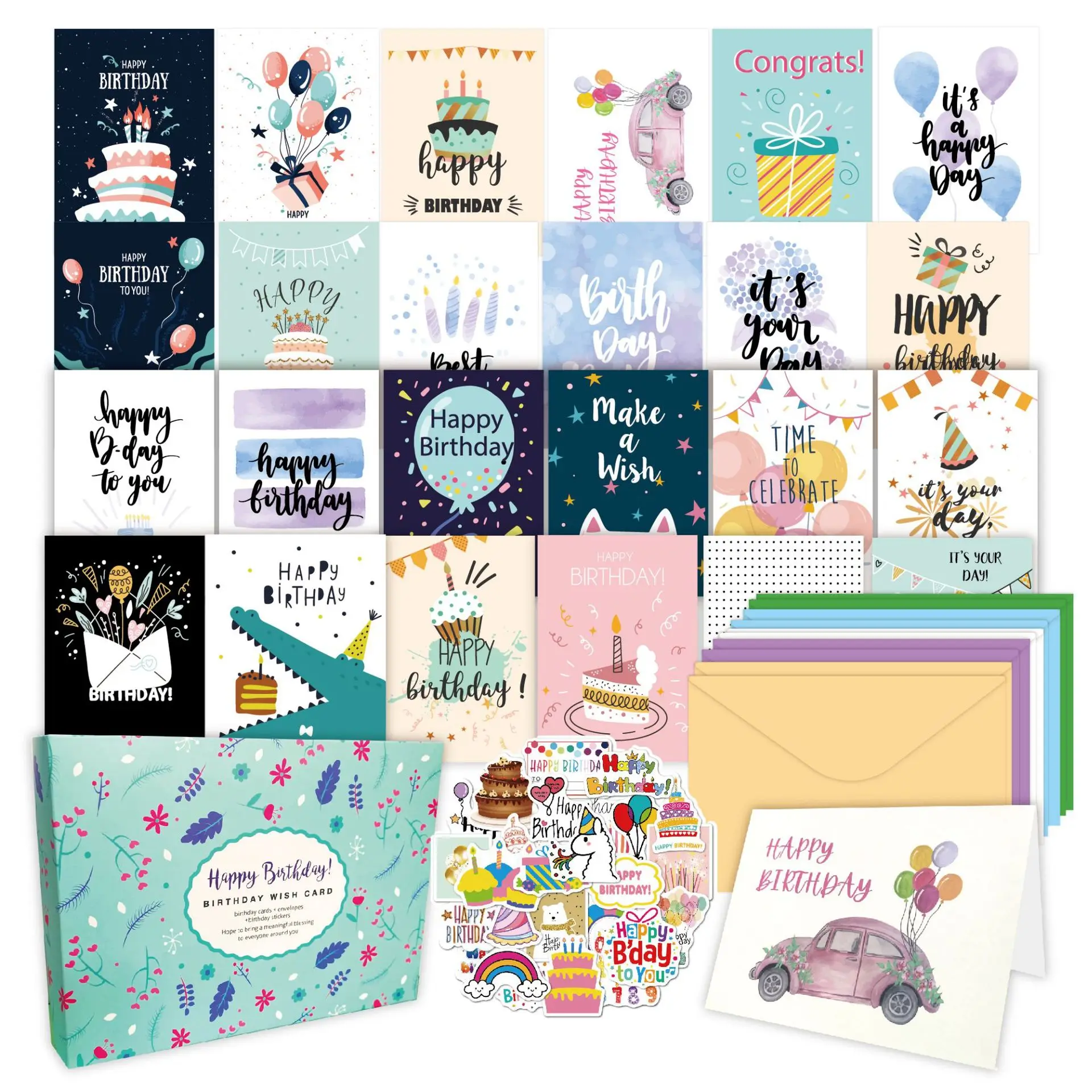 

60 Unique Birthday Cards- Happy Cards Bulk With Greetings Inside – Assorted Envelopes and Stickers -Greeting Box Set