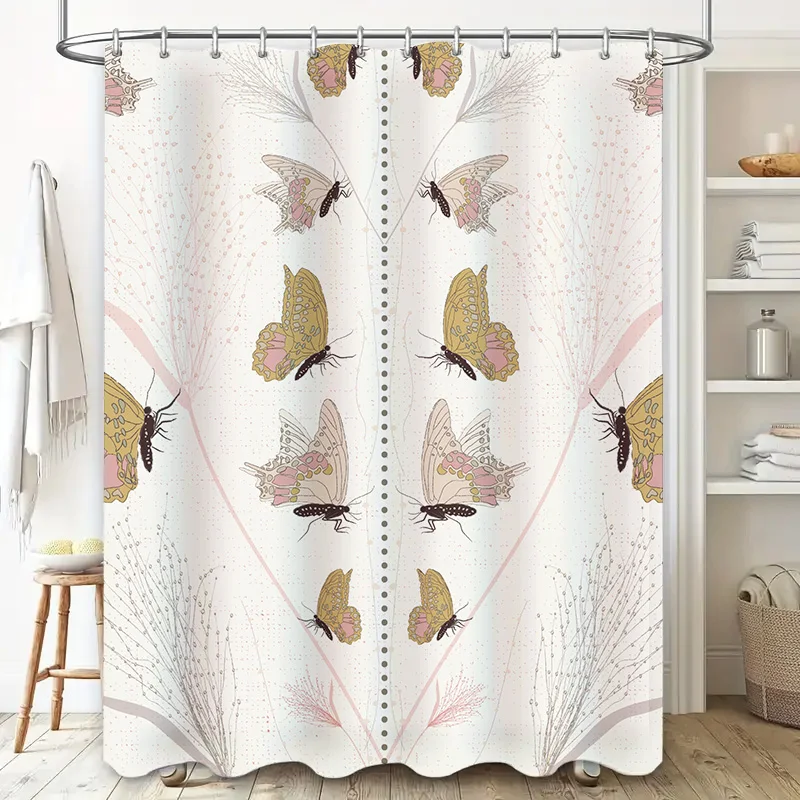Butterfly Bath Shower Curtain Vintage Floral Print Decorative Waterproof Fabric Pink Yellow Purple Colors Rectangular Size 72 x