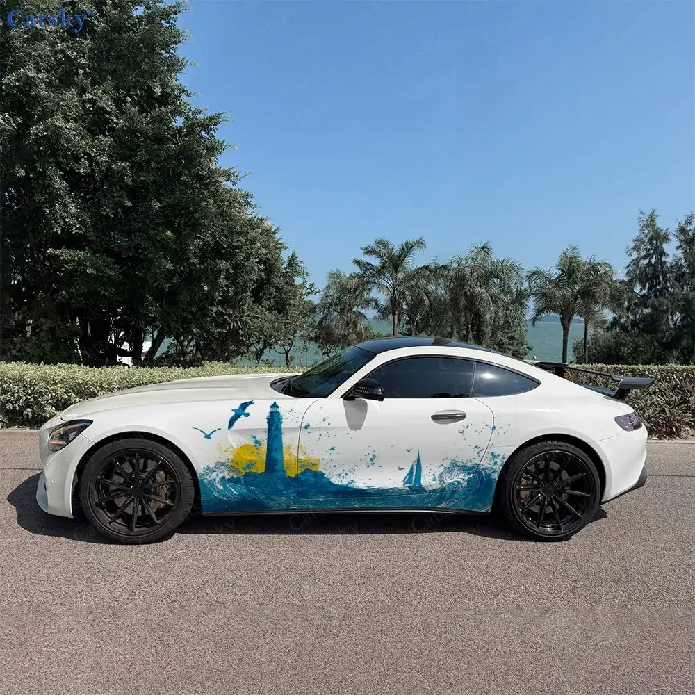 2pcs Seaside Lighthouse Car Decal Full Body Floral Decoration Covering Scratches Protect Car Decal Waterproof Car Vinyl Wraps