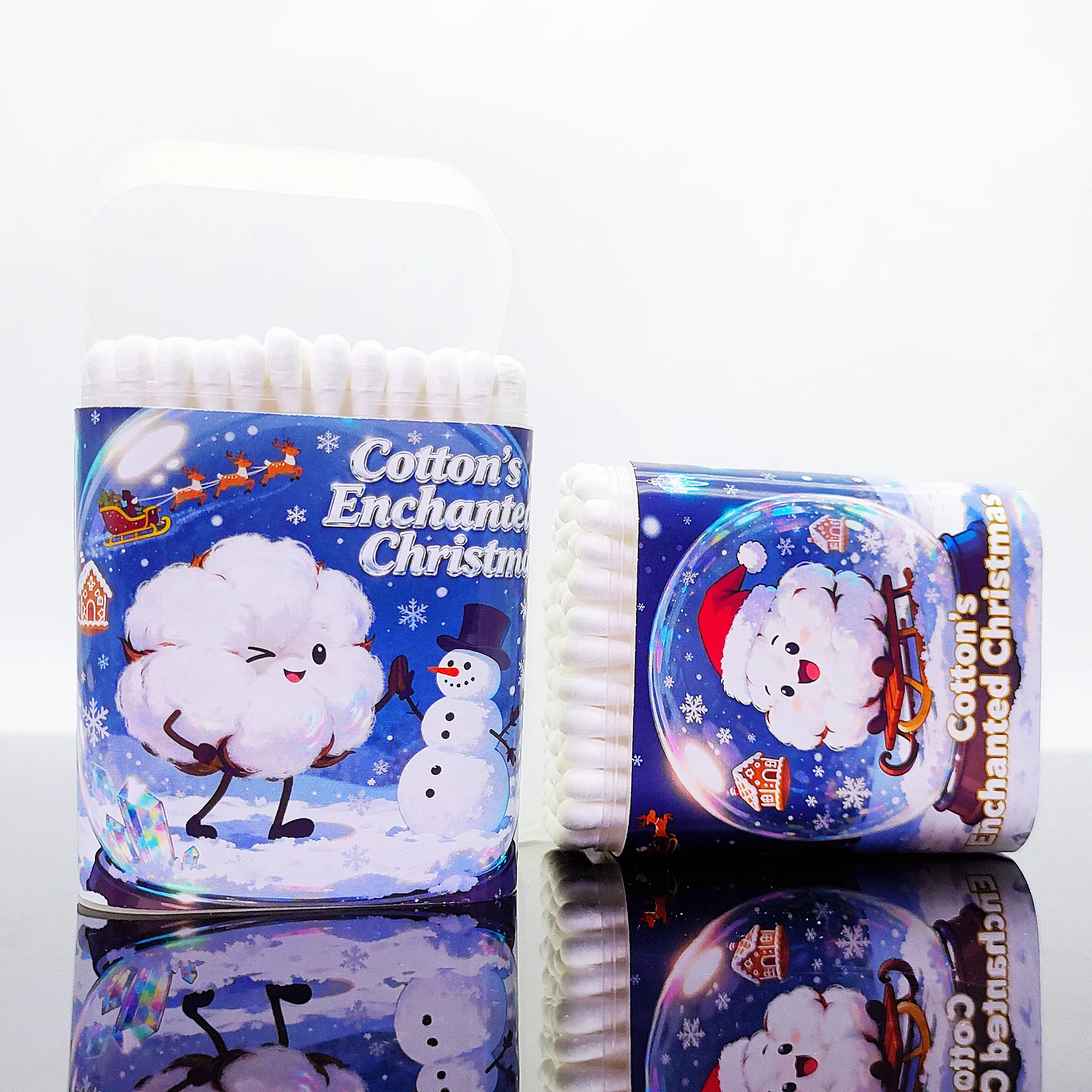 200 قطعة من أعواد القطن بطابع عيد الميلاد على شكل كرة كريستالية متعددة الوظائف برأسين أعواد قطنية ملعقة مستديرة عصا أعواد قطنية. #3