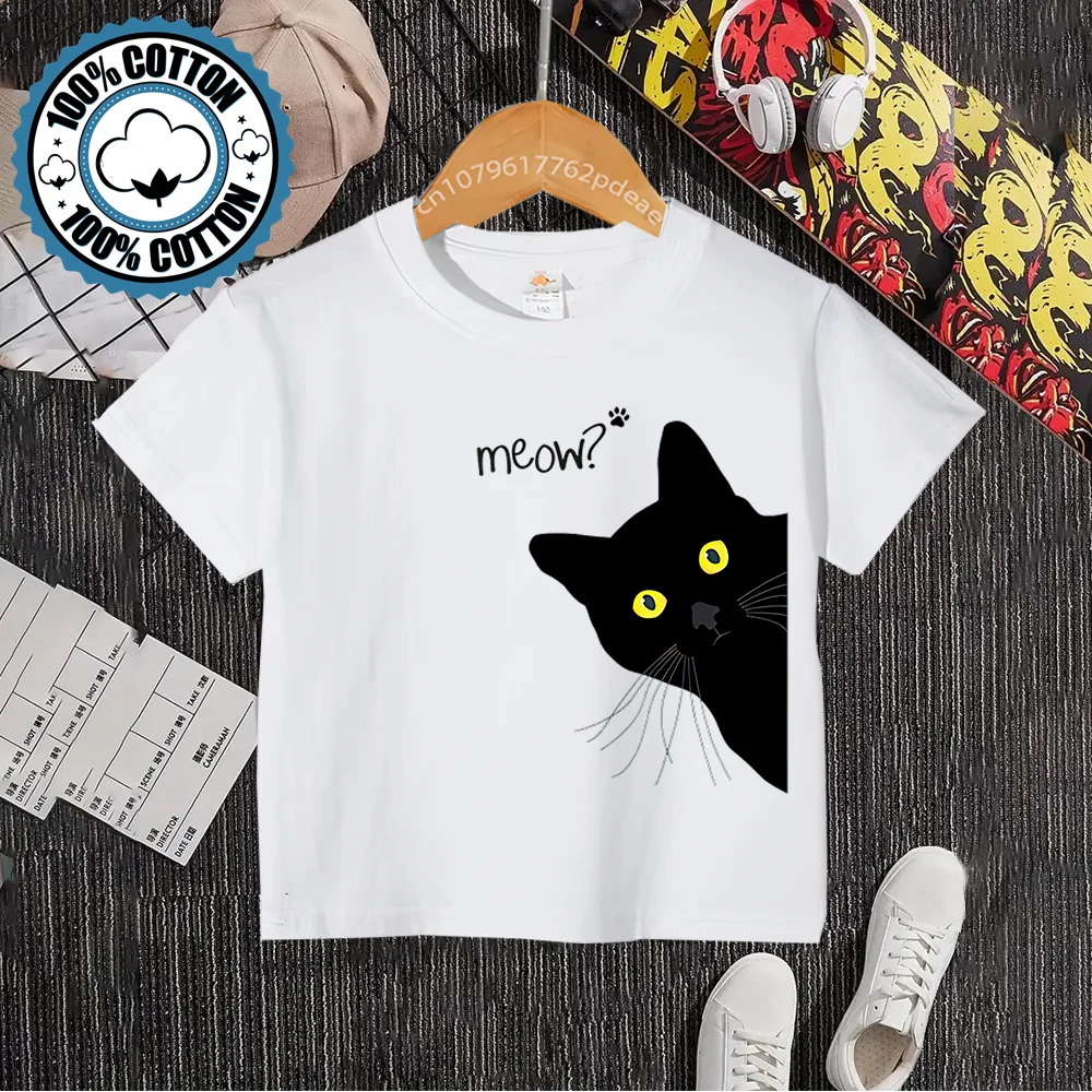 Summer children\'s cotton Black Cat T-shirt Boys girls casual short-sleeved youth casual blazer 100% cotton T-shirt