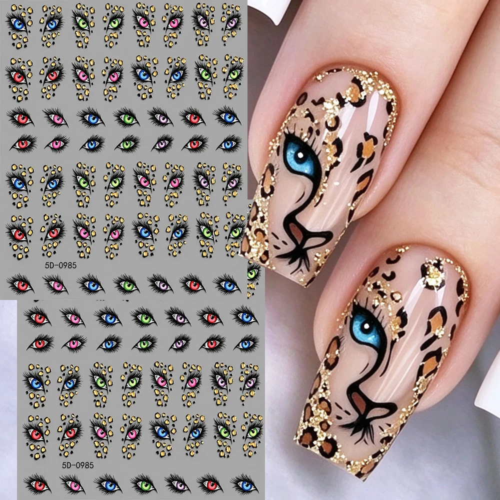 1/2Pcs 5D Colorful Eye Embossed Nail Stickers Cheetah Eye Eyelash With Gold Leopard Spot Nail Decals DIY Manicure Y2K Nail Deco