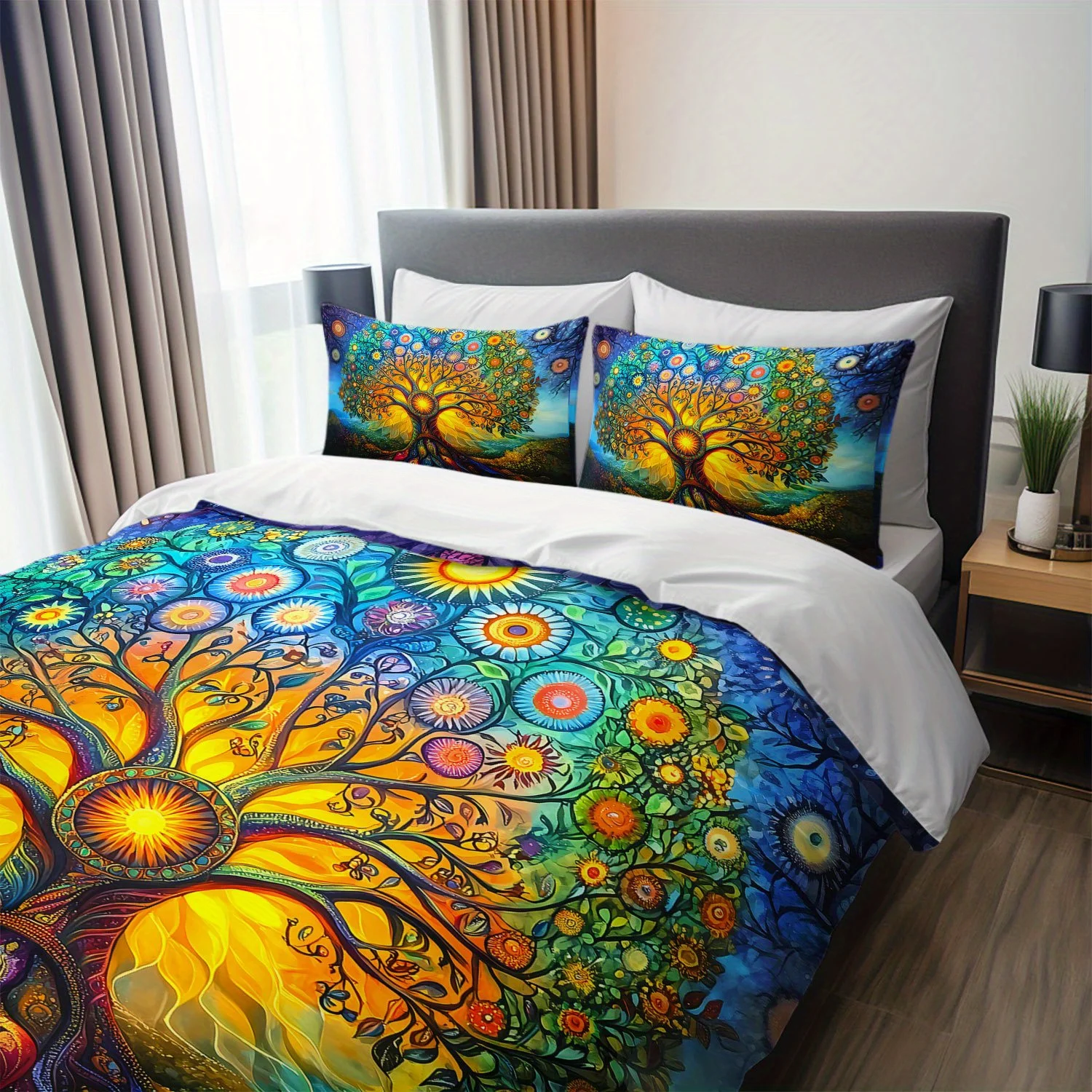 2026 3pcs Bohemian Tree of Life Bedding Duvet Cover Set Psychedelic Tree of Life Bedding Quilt Set Mandala Themed Bed Set Vibran