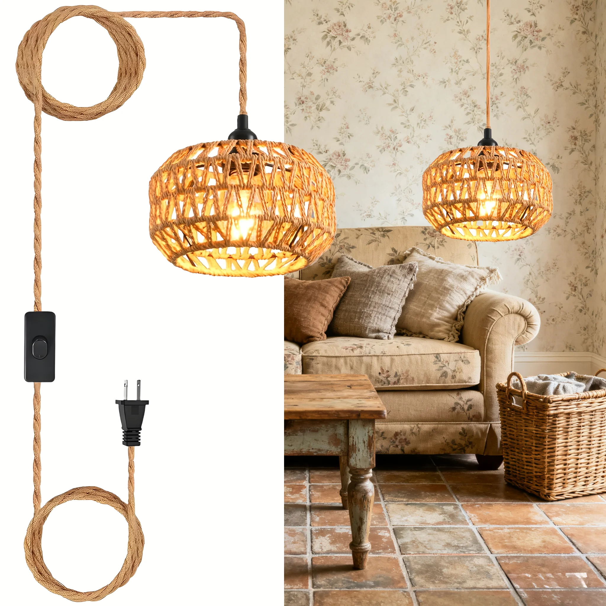 

Плетеная люстра с американской вилкой (лампочка в комплект не входит), подвесной светильник в деревенском стиле с вилкой и выключателем на шнуре, винтажный светильник в европейском стиле.