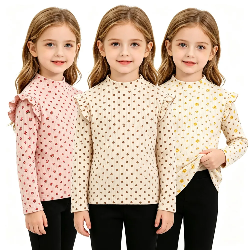 Girls Autumn Ruffle Long Sleeve T‑Shirt Floral Print Knit Base Top Elastic Breathable Kids Casual Clothes Bottom Tshirts Tees