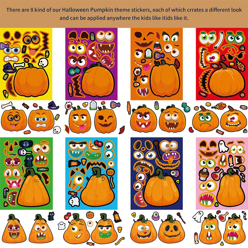 8/16Sheets Make Your Own Pumpkin Puzzle Stickers Children Game Halloween Party Decoration Kids Assemble Jigsaw DIY Toys Boy Girl