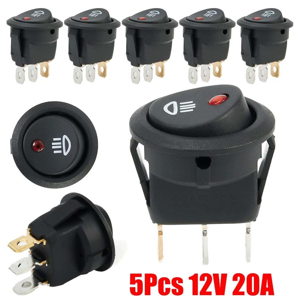 5 Pcs Black On-OFF Rocker Switch Round DC12V /20A Red Led Fog Light Lamp Symbol Car Van Truck Boat Rocker Switch