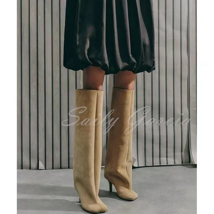 Retro Suede Frosted Knee High Boot Women Retro Round Toe Low Heel Western Cowboy Slip On Sewing Winter Runway Long Boot