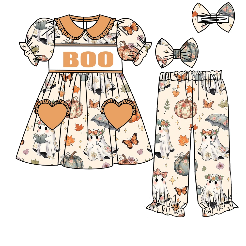 بنطال بناتي بتصميم جديد للهالوين بأكمام قصيرة مع طقم بوتيك مطبوع عليه جيب على شكل قلب مع عصابة رأس على شكل فيونكة متطابقة